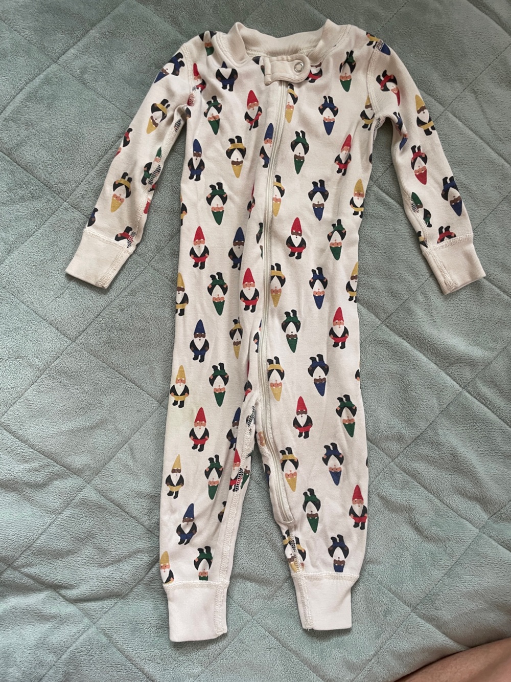 Hanna Andersson Cream Zip Romper with Multicolor Gnome Motif